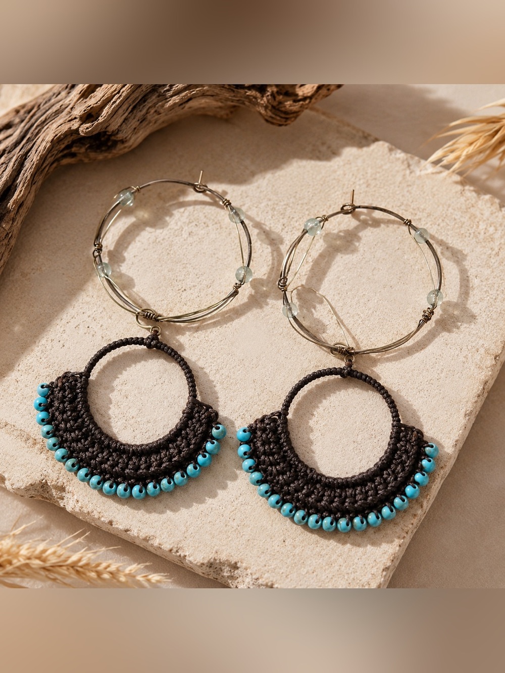 Boho Crochet Hoop Earrings Turquoise Beaded Statement Earrings Festival Jewelry